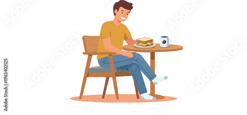 Young man sitting at table with club sandwich and coffee