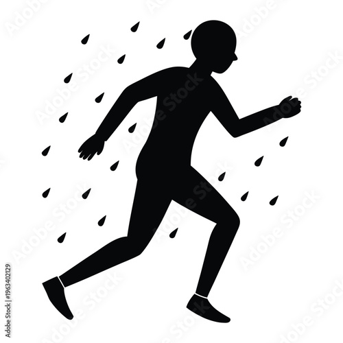 Running Silhouette in Rain Cinematic Effect on White Background