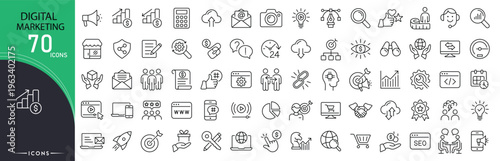 Digital marketing icons set representing online promotion, social media, seo, advertising, content marketing, analytics, email campaigns and brand growth in clean outline style.