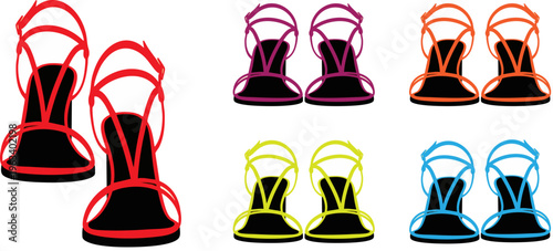 PrintCollection of stylish high heel sandals displayed in vibrant assorted colors including bright red, vivid purple, sunny orange, neon yellow, and electric blue.