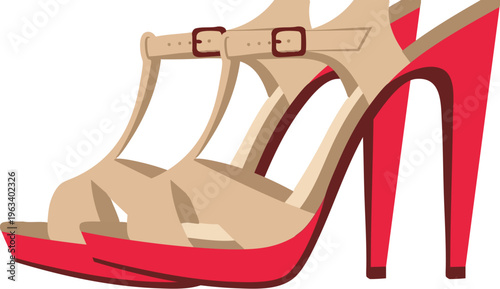 PrintElegant pair of high-heeled t-strap sandals featuring beige straps and vibrant red soles perfect for evening wear or special occasions.
