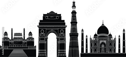 india, monuments, skyline, landmarks, taj, mahal, qutub, minar, india, gate, red, fort, architecture, heritage, travel, tourism, silhouette, vector, illustration, culture
