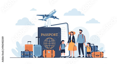 Family Ready for International Travel with Luggage and Passport 1.