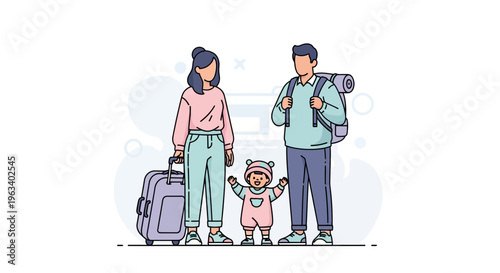Family Ready for Vacation with Luggage and Backpacks.