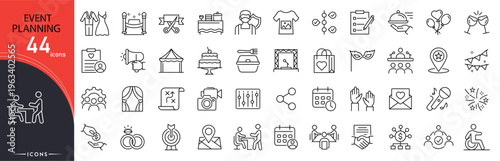 Event planning related icon collections. Containing calendar, checklist, invitation, venue, schedule, decoration, microphone, party, organizer, celebration icons. Outline icons.