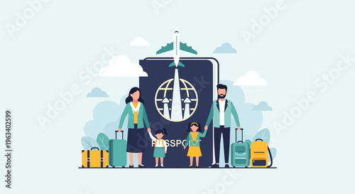 Family Travel Adventure with Passport and Airplane.