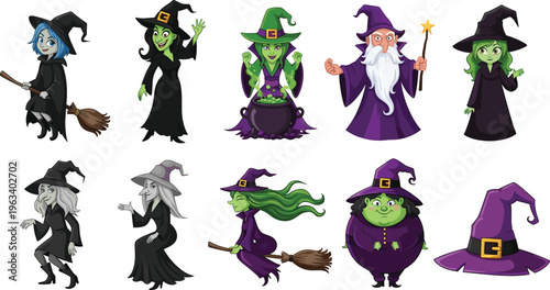 Cartoon Witch Character Set Featuring Witches in Various Poses with Brooms, Potions, and Magical Items for Websites, Apps, and Digital Media