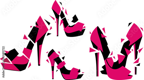 PrintAbstract graphic design featuring four stylized, fragmented high heel shoes composed of sharp pink and black geometric shapes on a white background.