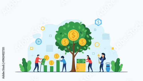 Financial growth concept showing a large green tree with gold dollar coins being nurtured by a group of diverse professional people.