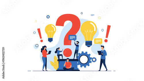 Diverse group of people brainstorming and looking for answers around a giant red question mark with glowing yellow lightbulb ideas.