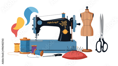 Traditional sewing workspace featuring a vintage black sewing machine, tailor mannequin, scissors, thread spools, and a red pincushion.