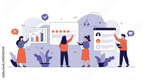 Professional team analyzing business performance data and customer feedback ratings on large digital charts and rating boards.