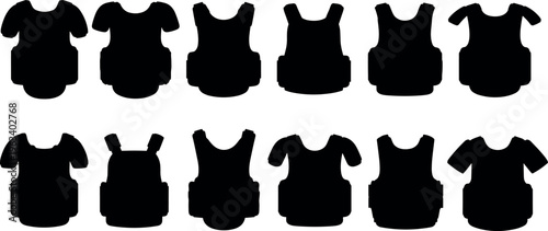 Black silhouette icons of bulletproof vests and tactical body armor plate carriers for police, military, security, and personal safety equipment.