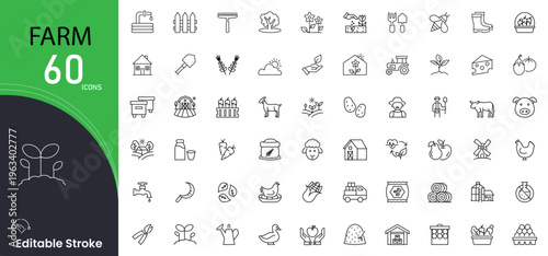 Farm related icon collections. Containing tractor, barn, crops, harvest, agriculture, livestock, farmer, field, planting, and farm tools icons. Editable Stroke. Outline icons.