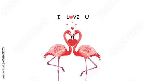 Two elegant pink flamingos with their necks forming a heart shape accompanied by the message I love you and floating romantic red hearts.