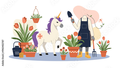 Whimsical scene of a magical white unicorn standing next to a person gardening in a beautiful field of potted tulips and flowers.