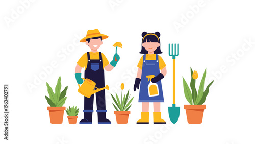 Boy and girl dressed in gardening gear with a watering can and tools standing among various potted plants and bright yellow flowers in a yard.