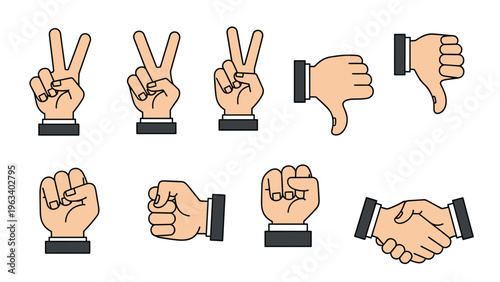 Diverse collection of human hand gesture icons including peace signs, thumbs down, clenched fists, and a friendly handshake.