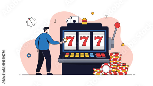 Man playing a classic three-seven slot machine at a casino with piles of gambling chips and playing cards in the background.