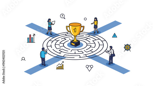 Group of business people navigating a circular maze towards a golden trophy representing success and goal achievement.