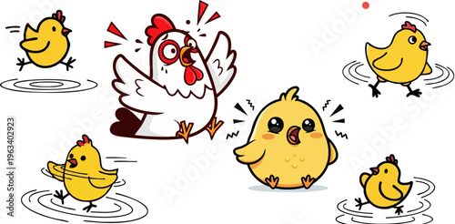 PrintCartoon illustration showcasing a visibly distressed mother hen with wide eyes and open beak, observing several cute yellow chicks running and looking surprised, capturing a lively and somewhat c