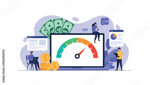 Performance monitoring concept with a large dashboard gauge on a laptop screen surrounded by money and business people.