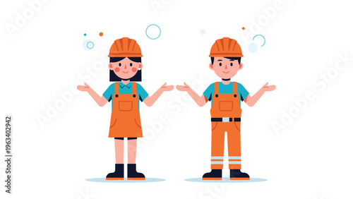 Male and female construction workers wearing safety helmets and orange overalls standing with open palms gesture.