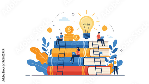 Education and knowledge concept featuring people sitting on a stack of books with symbols of ideas and financial growth.