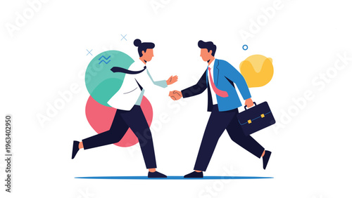 Two business professionals in suits running towards each other for a handshake to signify a successful partnership.