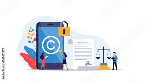 Intellectual property and copyright protection concept with a smartphone, legal document, and professional lawyer.