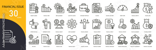 Financial issue related icon collections. Containing loss, crisis, debt, inflation, tax, audit, bankruptcy, fraud, recession, and risk icons. Outline icons.