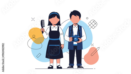 Young girl and boy representing different professions as a hair stylist with a comb and a photographer with a camera.