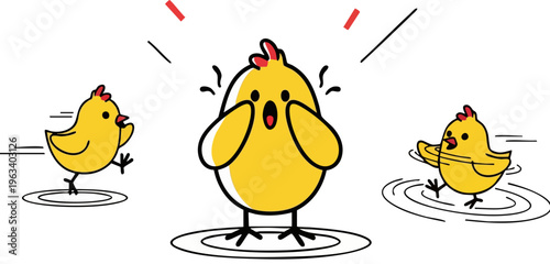 PrintCartoon depiction of a surprisingly shocked baby chick standing still while two other energetic chicks rush around it in a frantic motion.