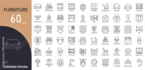 Furniture related icon collections. Containing chair, table, sofa, bed, cabinet, shelf, desk, drawer, couch, and interior icons. Editable Stroke..