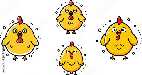 PrintFour cute cartoon baby chickens stand cheerfully looking forward showcasing simple and funny farm poultry mascot illustrations perfect for children's designs.
