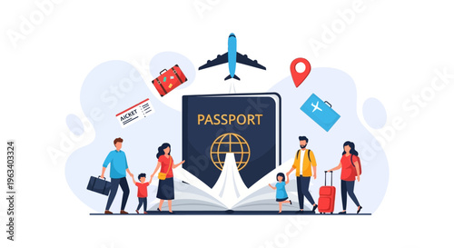 Family Traveling Together With Passport and Luggage.