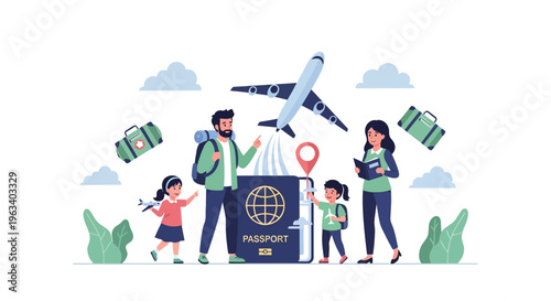 Family Traveling Together with Passport and Airplane.