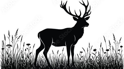 Majestic stag silhouette standing gracefully amidst a field of wild grasses, embodying the spirit of nature and untamed wilderness