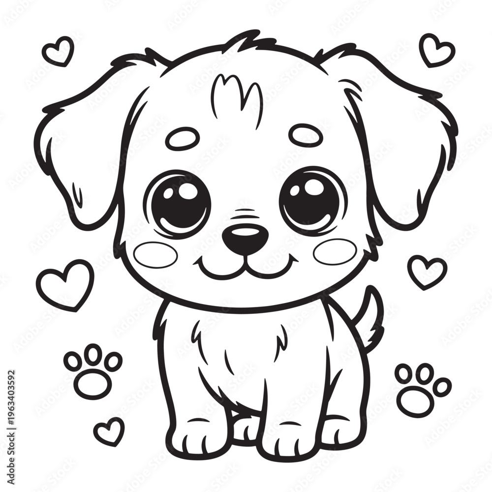 Fototapeta premium Cute puppy with hearts and paw prints coloring page, black and white vector illustration.