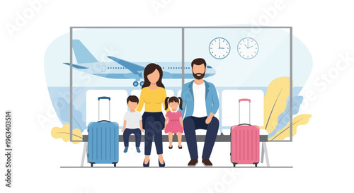 Family waiting for airplane at airport terminal.