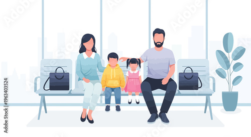 Family Waiting Together Patiently in a Bright Room.