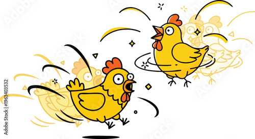 PrinEnergetic cartoon illustration depicts two bright yellow chickens running and flapping wildly with expressive motion lines suggesting frantic movement and excitement.t