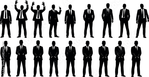 Collection of professional businessman silhouettes in various poses including standing, hands raised, and formal suit gestures for corporate design projects.