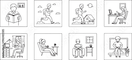 People Daily Life Activities Line Icons Set – Routine Lifestyle, Work, Fitness, Shopping and Home Activities Vector