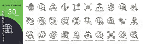 Global sourcing related icon collections. Containing globe, supply chain, shipping, vendor, import, export, logistics, contract, warehouse, and trade icons. Outline icons.