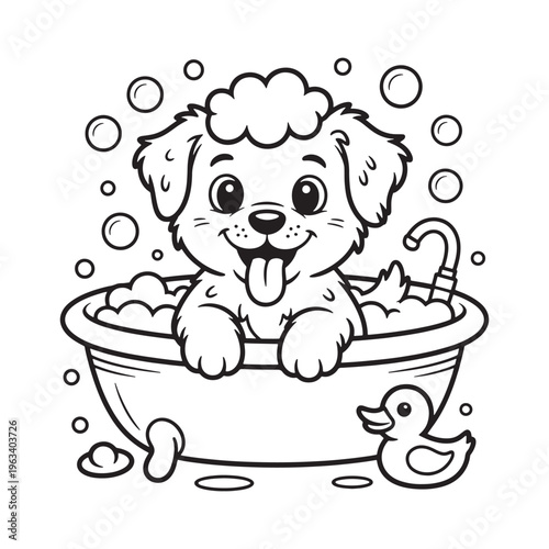 Puppy taking a bath coloring book page for kids, cheerful dog character outline.