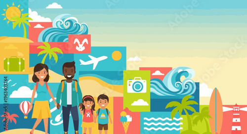 Happy family enjoying a summer vacation adventure together.