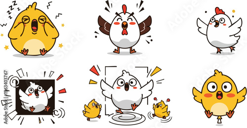 PrintCollection of six distinct cartoon chicken and chick emoji style characters displaying various funny emotions and actions isolated on white background