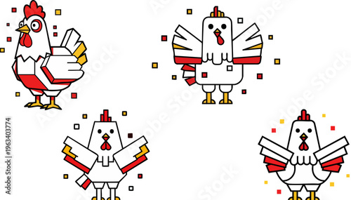 PrintA collection of four charming stylized rooster and chicken characters in various playful poses, rendered with a modern geometric and pixelated aesthetic perfect for digital design elements or fes