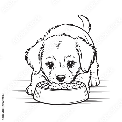 Puppy mealtime coloring book page for kids, hungry small dog outline isolated on white.